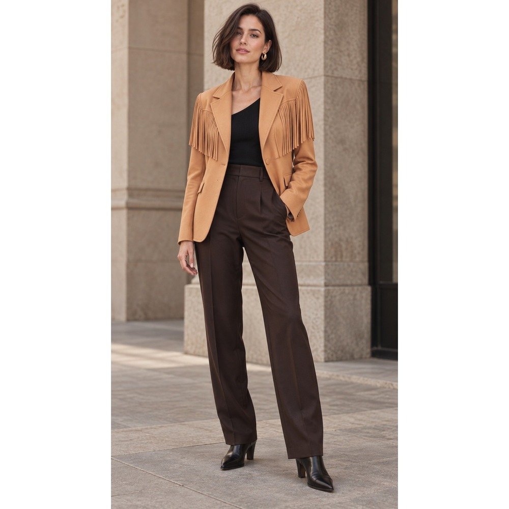 NWT BlankNYC Fringe Blazer Camel Tan Single Button Jacket Sz L Western Cowgirl